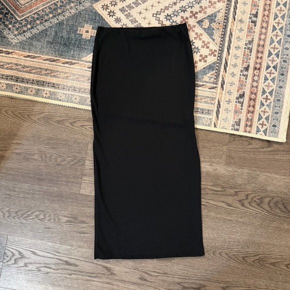 Flounce Dresses & Skirts - Flounce Club | Black Stretchy Pencil Midi Skirt, Side Slits, Black Ribbed Soft 6